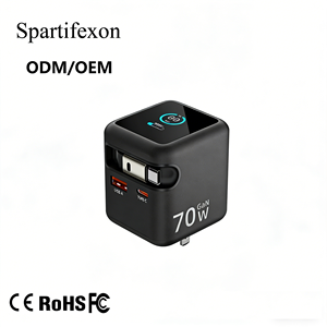 Chargeur rapide GaN 70W pour ordinateur portable, adaptateur de voyage pliable universel avec écran TFT, ports PD3.0 <span class=keywords><strong>PPS</strong></span> 2C1A, comprend appareil photo et écouteurs - Product Image 1