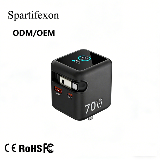 70W GaN Fast Charger Laptop Foldable Global Travel Adapter TFT Display PD3.0 PPS 2C1A Ports Includes Camera Earphone