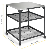 Chariot de barbecue portable d'extérieur en acier inoxydable avec table de travail, deux étagères à lattes, trois crochets et quatre roues pivotantes