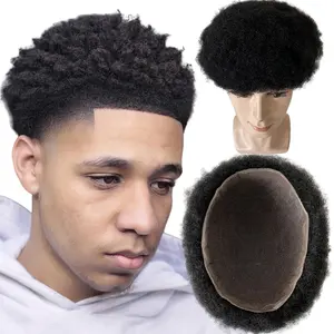 Afro Curly Full Lace Toupee Virgin Human Hair Pieces 1B# Black 4mm Root Afro Male Wig 8x10 Full Swiss Lace Toupee for Black Man