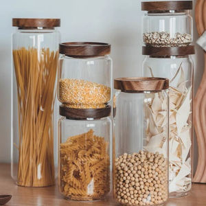 Contenedor de almacenamiento de alimentos para cocina, organizador de vidrio con tapa redonda de bambú, frascos herméticos para Fideos, cereales, arroz y aperitivos - Product Image 1