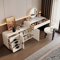 Commode de chambre moderne en bois massif avec miroir éclairé, tiroirs de rangement et coiffeuse multifonctionnelle