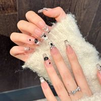 TSZS Faux Ongles Longs de Luxe à Coller, Forme Cercueil, French, Nœud Papillon Noir, Perles et Pois, Faits Main, Réutilisables