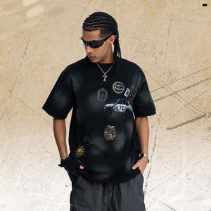 T-shirt noir délavé à l'acide pour homme, motif voiture vintage, manches courtes, streetwear - Product Image 1