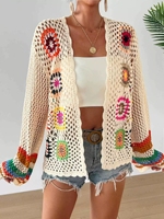 Nationaler Stil Häkelarbeit Regenbogen Langarm-Cardigan Handgestrickter Pullover mit Durchbrochenem Oberteil