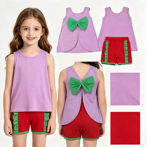 New Arrive Toddler Baby <b>Clothes</b> Set Baby Girls Purple Sleeveless Green Bows Tops Ruffle Shorts Set - Product Image 3
