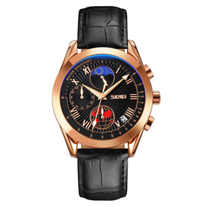 Montres-bracelets pour hommes de luxe Skmei 9236 étanches avec phase lunaire, bracelet en cuir, avec chronomètre - Product Image 2