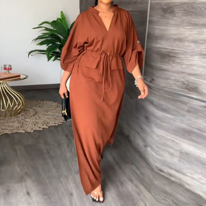 Robe à col montant, col en V, manches longues, <span class=keywords><strong>orange</strong></span>, taille plus, avec cordon de serrage, pour femmes musulmanes, robes nigérianes, élégante - Product Image 5