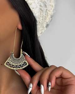 Antique vintage baroque fan brass bohemian <b>long</b> drop <b>earrings</b>, gold silver plated women jewellery. - Product Image 1