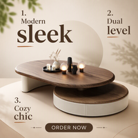 Ensemble de tables basses ovales rotatives en noyer de luxe moderne, tables d'appoint pivotantes en cuir pour salon