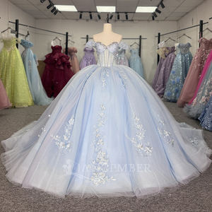 Robe de bal de Quinceañera bleu clair Dy1309-2 avec appliques en mousseline, taille naturelle, longueur maxi, antistatique, 100 % coton, style soirée - Product Image 4