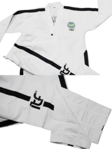 Uniforme de Taekwondo ITF de 1ère année Quteng avec <span class=keywords><strong>ceinture</strong></span> <span class=keywords><strong>noire</strong></span>, matière côtelée <span class=keywords><strong>Dan</strong></span>, unisexe, uniforme professionnel d'entraînement ITF Taekwondo - Product Image 1