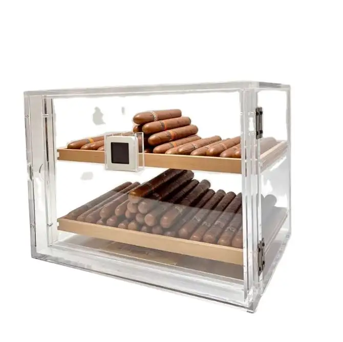 Caja de almacenamiento de cigarros de acrílico transparente personalizada, humidor de cigarros de acrílico de escritorio, caja de madera de cedro