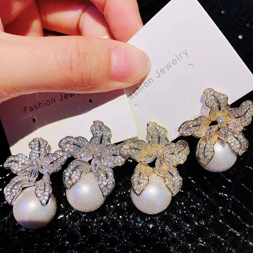 Fashion Jewelry Silver Color Exaggerated Flower Pearl Pendant Earrings Luxury Women's Wedding Party Accessories