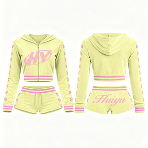 HuiYu Custom Set for <strong>Women</strong> Streetwear Zip up Hoodie Side Stripe Shorts Casual Two Piece Set <strong>Women</strong> <strong>Velour</strong> Sportswear <strong>Tracksuit</strong> - Product Image 2