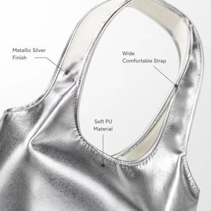 Sac fourre-tout en cuir PU argenté métallisé pour femmes, grande capacité, sac à main de shopping tendance, logo personnalisé, fournisseur OEM ODM - Product Image 5