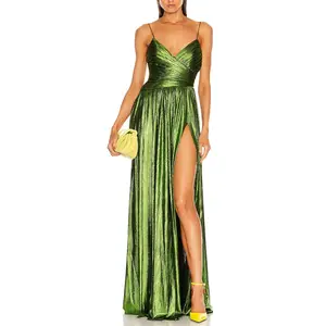 Yarık dantelli spagetti kayışı Maxi elbise Cami elbise kadın parti elbiseler uzun akşam zarif
