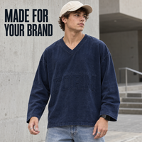 T-shirt à manches longues en jersey 100 % coton épais 260 GSM pour homme, personnalisé, avec broderie appliquée, col en V, bleu marine, style streetwear, vente en gros, OEM