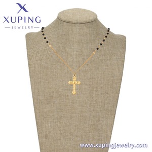 T001226748 XUPING Collar de Rosario con Cuentas Negras de Acero Inoxidable Chapado en Oro de 24K con Colgante de Cruz, Joyería de Moda - Product Image 2