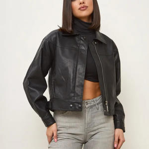 Retro revers bruin leren PU korte motorjas met 3D-patroon, knoopsluiting, casual, <span class=keywords><strong>petite</strong></span>, veelzijdige damesblouse - Product Image 2