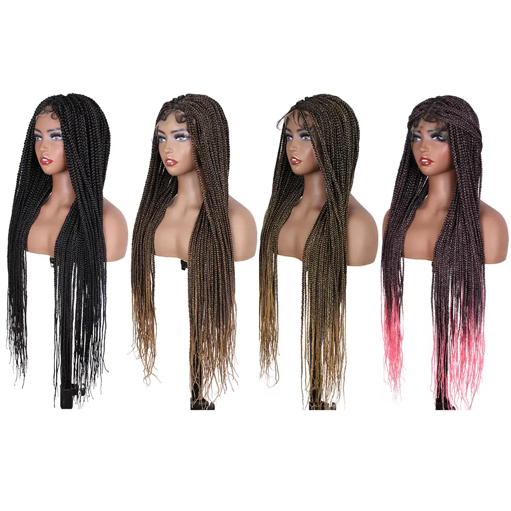 Ombre 30" Long Knotless Box Braids Full Double Lace Wig Square Based Embroidery Micro Braid Wig With Baby Hair for Black Women