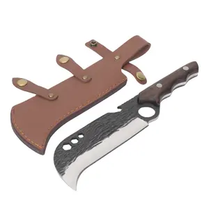 Cuchillo de caza con agujero de hoja martillada para campamento, cuchillo de carnicero