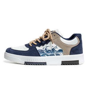 Zapatos Casuales de Hombre Estilo Coreano, Blancos con Estampado Azul, con Cordones, Punta Redonda, Parte Superior Transpirable de PU, Suela de Goma, para Todas las Temporadas, Tendencia de Moda - Product Image 1
