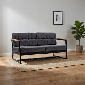 Sofá de Dos Plazas Moderno en Gris Oscuro, Tapizado, con Reposabrazos de Madera Rellenos de Espuma, Estructura Metálica, Sofá Cama para Sala de Estar - Product Image 3