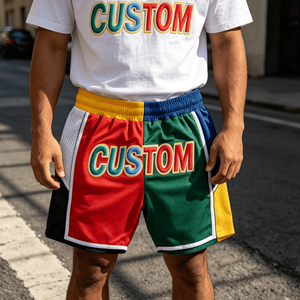 Novedad: Shorts de tela de lana peinada transpirable estilo vintage personalizados con patchwork de colores contrastantes para hombre, servicio OEM - Product Image 1