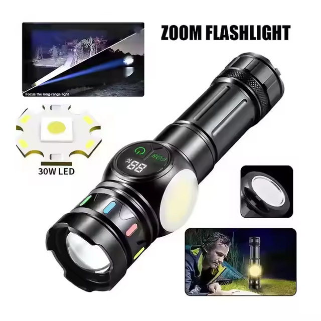 New Arrival White Laser Strong Flashlight Digital Display COB Side Light Multifunctional Outdoor Camping Working Handheld Torch