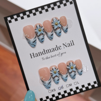 Kuku Palsu TSZS Medium Almond Buatan Tangan dengan Hiasan Bunga 3D French Polka Dot, Kuku Palsu yang Dapat Digunakan Kembali untuk DIY Grosir