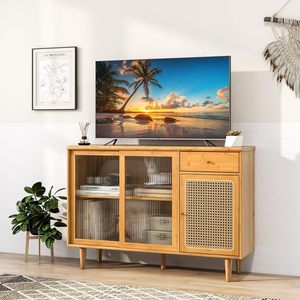 Buffet LOKO moderne en bambou avec portes coulissantes en verre trempé et portes en rotin, bar à café bohème pour salon - Product Image 2