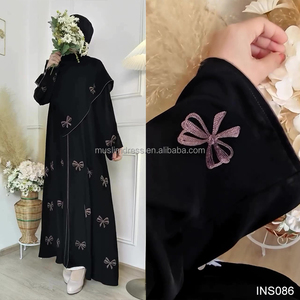 <span class=keywords><strong>Habib</strong></span>新款两件套蝴蝶结开口Abaya头巾套装定制穆斯林刺绣蝴蝶结和服正面开口Abaya套装 - Product Image 2
