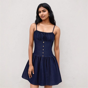 Abito Estivo-Autunnale <span class=keywords><strong>da</strong></span> <span class=keywords><strong>Donna</strong></span>, Nuovo Stile in Finto Denim, Corto, Senza Maniche, con Spalline e Collo Scoperto - Product Image 1