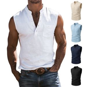 Men's Light Blue Sleeveless <b>Linen</b> Tank <b>Top</b> Mandarin Collar Button Front Casual Vest Breathable Woven Solid Color - Product Image 2