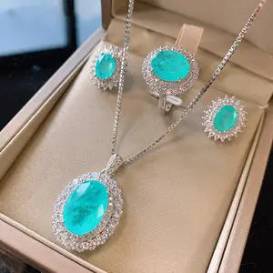 Bestseller neue Ladies Luxus S925 Sterling Silber Blau Edelstein Schmuck-Set Halskette Ohrringe Ring-Set