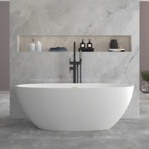 Bañera Moderna y Confortable de Piedra Artificial, Superficie Sólida, Independiente, para Baño Interior, Forma Ovalada, con Desagüe - Product Image 1