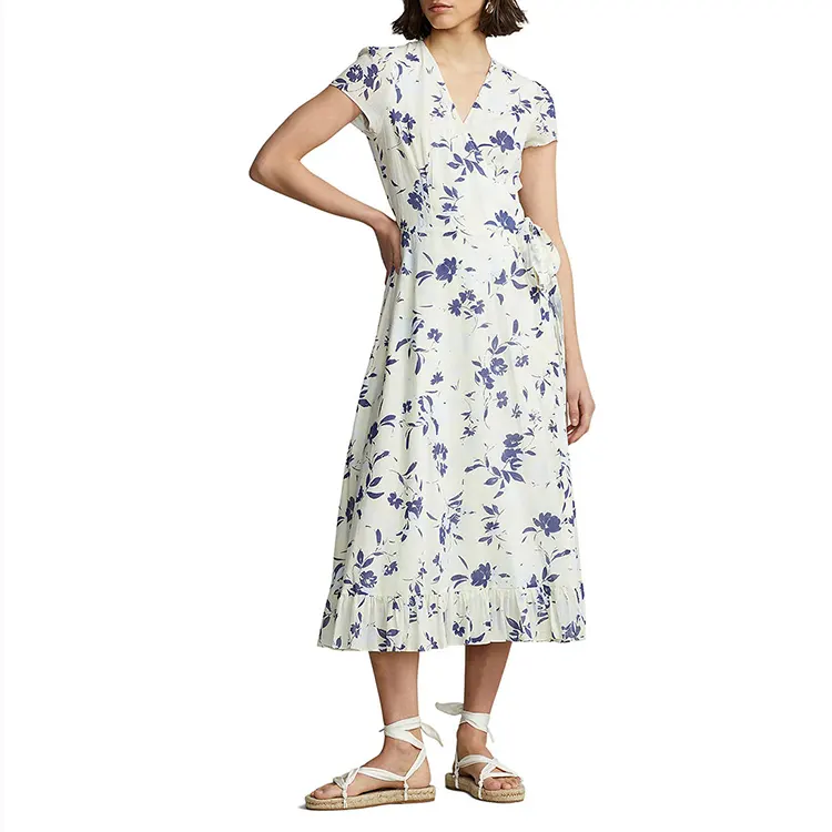 2022 Summer Hot Sale Ladies Floral Print White Dress 100% Cotton V-neck Short Sleeves Wrap Midi Maxi Dress for Women