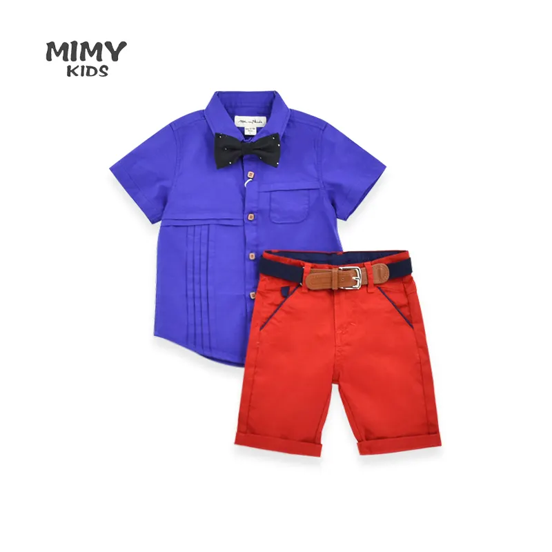 Boys summer solid color suit cotton children shirt short trousers British style little gentleman four piece set