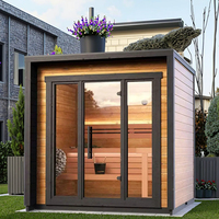 Sauna de madera maciza eléctrica moderna de alta gama para exteriores, con panel de control por computadora, ventanas de travesaño y cabina de vapor de madera de hemlock.