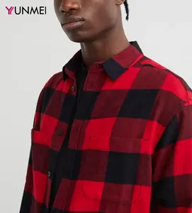 Yunmei factory custom design long sleeve red and black plain shirt wholesale 100% cotton twill plaid flannel check shirt for men