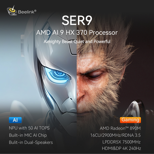 Beelink Mini PC SER9 Pro AI9 HX370, AMD 890M 16Cores 2900mhz,32G+1TB Triple Display Gaming Mini Computer Ubuntu Os AI MINI PC