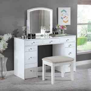 Modern Hotel <b>Vanity</b> Set 3mm Mirror LED <b>Lights</b> Storage Drawers Wooden Glides White Finish Stool Included Bedroom Furniture - Product Image 1