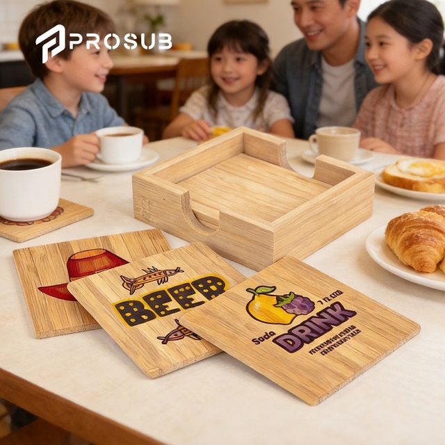 Prosub Diy Printing Bamboo Sublimation Coasters Blank Square Wood Sublimation Blanks Set Coaster