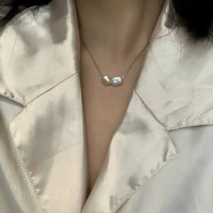 Collar de Plata 925 con Cadena Fina para Clavícula, Perla Barroca Natural, Estilo Francés, Collares de Perlas de Nicho - Product Image 3