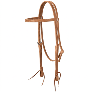 Arnés de cuero marrón Annabelle Equestrian con frenteera y cabezada de patrón sólido con costuras blancas para caballo - Product Image 1