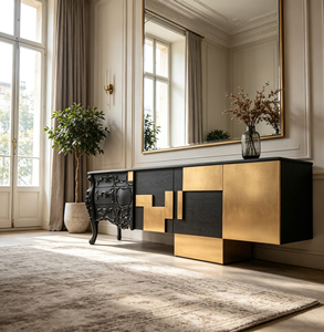 Aparador de Madera Maciza con Patas Talladas Ornamentadas, Acabado Negro, Gabinete de Almacenamiento con Parches Geométricos Dorados para Interiores Clásicos - Product Image 1
