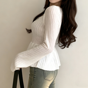 T-shirt décontracté en maille côtelée à col carré, style Sweet Pure Desire, avec manches cloche cintrées à la taille, couleur unie, coupe trapèze - Product Image 5