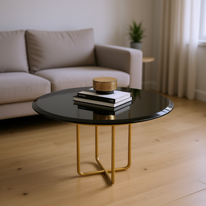 Round Tempered Glass Coffee Table 24 Inch <b>Black</b> Beveled Edge Modern Living Room Furniture Metal <b>Frame</b> - Product Image 2