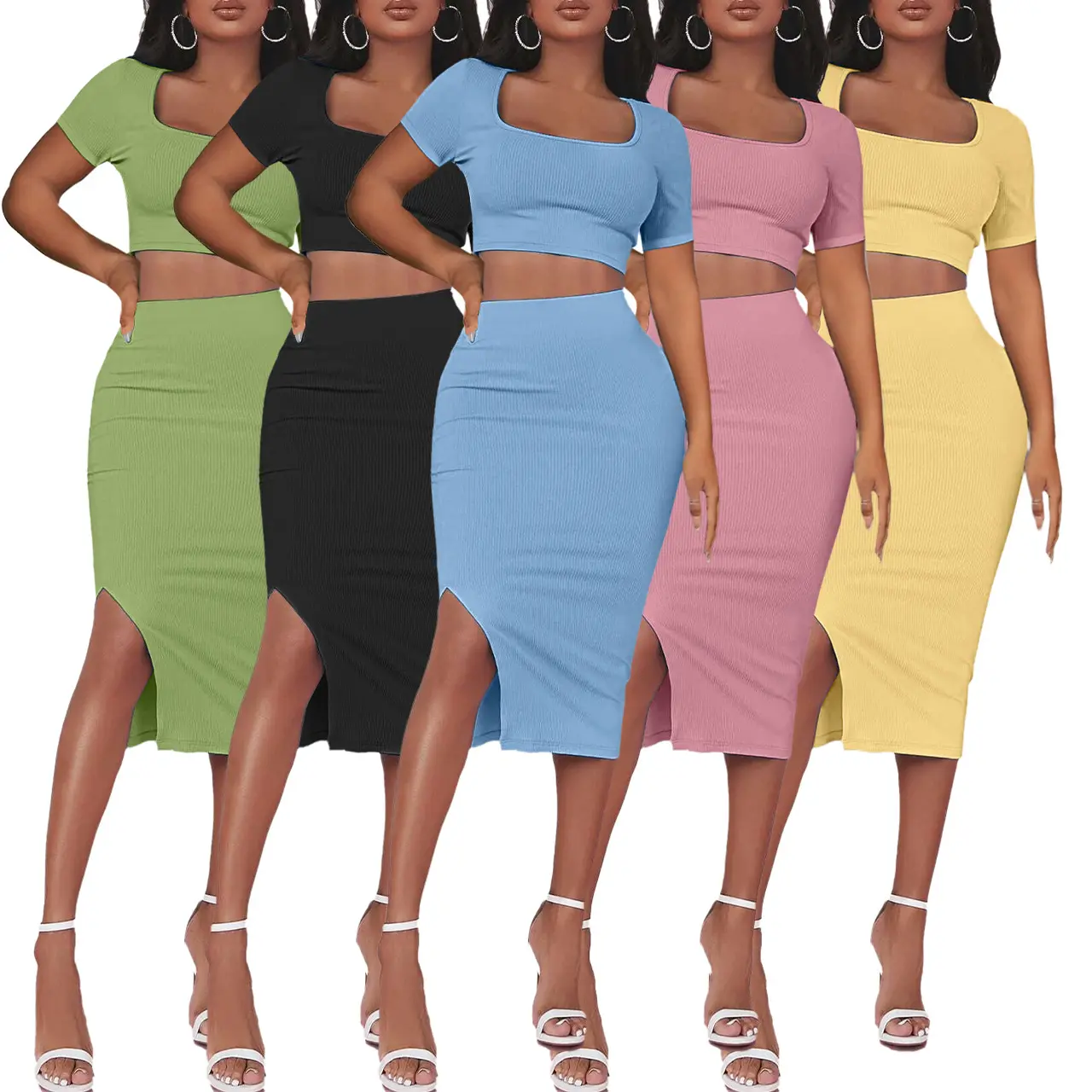 High Quality Solid Color Rib Knit Outfits Short Sleeve Square-Cut Collar Crop Top Side Slit Long Skirt 2 Piece Set Women Summer